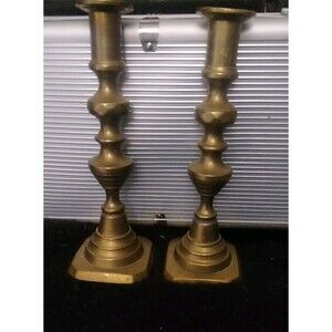 Pair of BRASS CANDLESTICKS - 10.75" (27.5cm) - Diamond Decoration